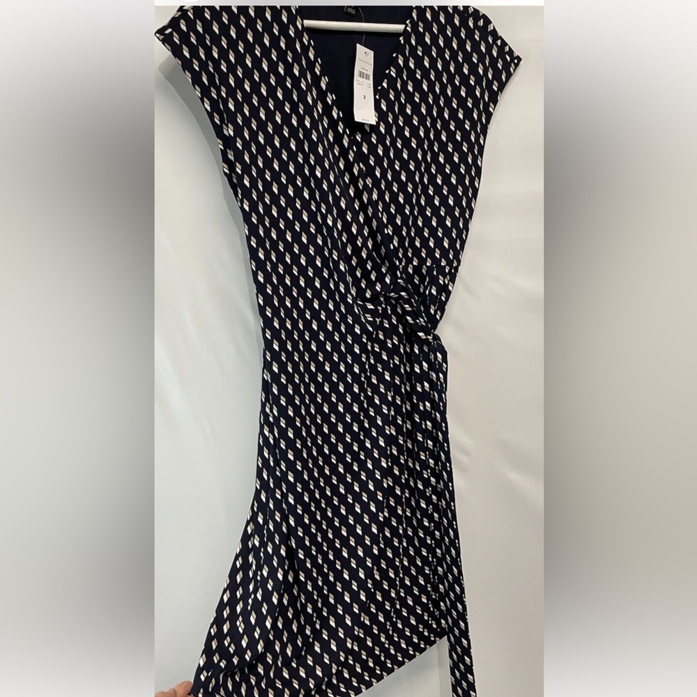 Ann Taylor Dress Navy Blue Geo Lined Tan White